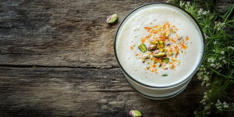 A frothy glass of Indian lassi, garnished with saffron strands and pistachios, rustic wooden background