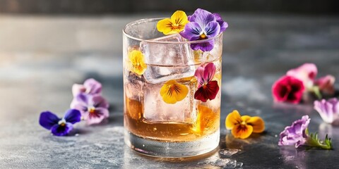 A glass with floating ice cubes infused with edible flowers, vibrant mocktail hues