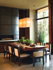 Fototapeta premium Modern Dining Room With Large Window And Stylish Lighting