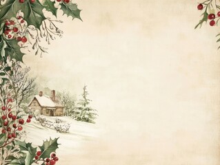 Christmas card with holly and mistletoe, small snow-covered cottage, vintage watercolor style.