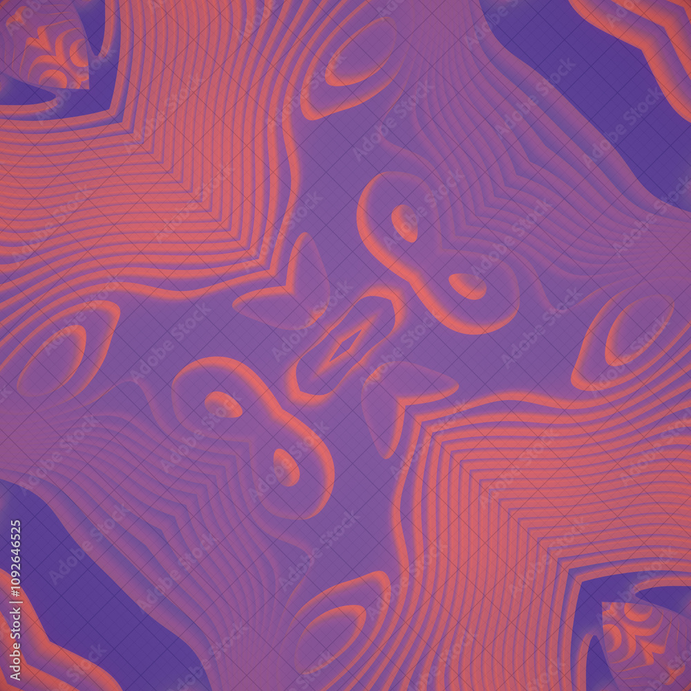 Poster Abstract symmetrical pattern of intricate pink and blue wave outlines. 3d rendering digital illustration