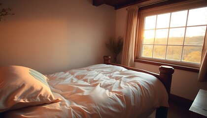 Obraz premium A small bedroom with a rustic wooden bed frame and clean white linens, with the soft golden light of an autumn sunset streaming in through the window. 