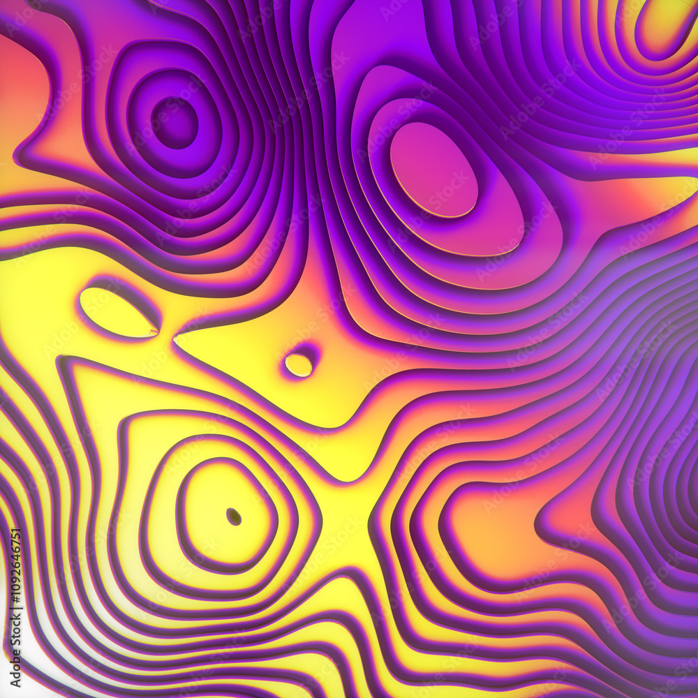 Poster 3d rendering digital illustration of a wavy pattern where the harmonious combination of purple and yellow tones adds depth and dimension to the background