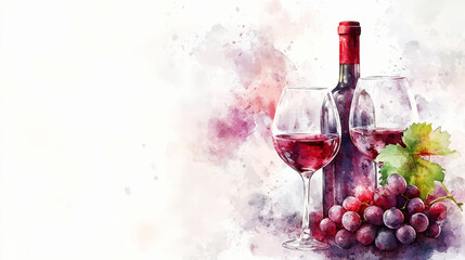 Obraz premium Watercolor image of wine bottle and glasses with grapes, light background. Copy space. Winery invitation. Generative AI
