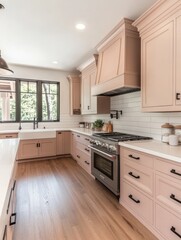 Modern Farmhouse Kitchen With Pink Cabinets And Wood Floors