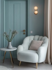 Elegant Light Blue Room Featuring Armchair and Door