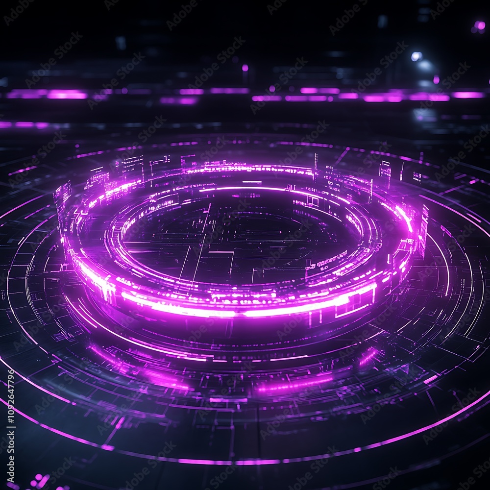 Poster abstract digital background featuring glowing pink circular patterns with futuristic lines and shape