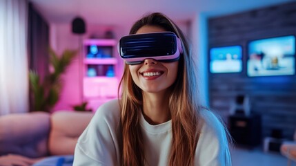 Smiling woman wearing VR headset, fully immersed in a virtual world in her living room.