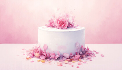 elegant white cake adorned with pink roses and petals in a soft romantic style