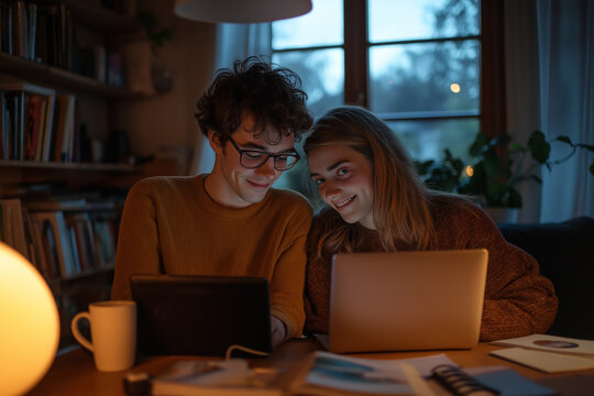 Young Caucasian Couple Studying IT Courses Online at Night Using Laptop and Tablet in Cozy Home Environment