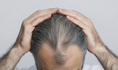 Fototapeta premium A man with gray hair is holding his head and the sides of it, in a top-down view. 