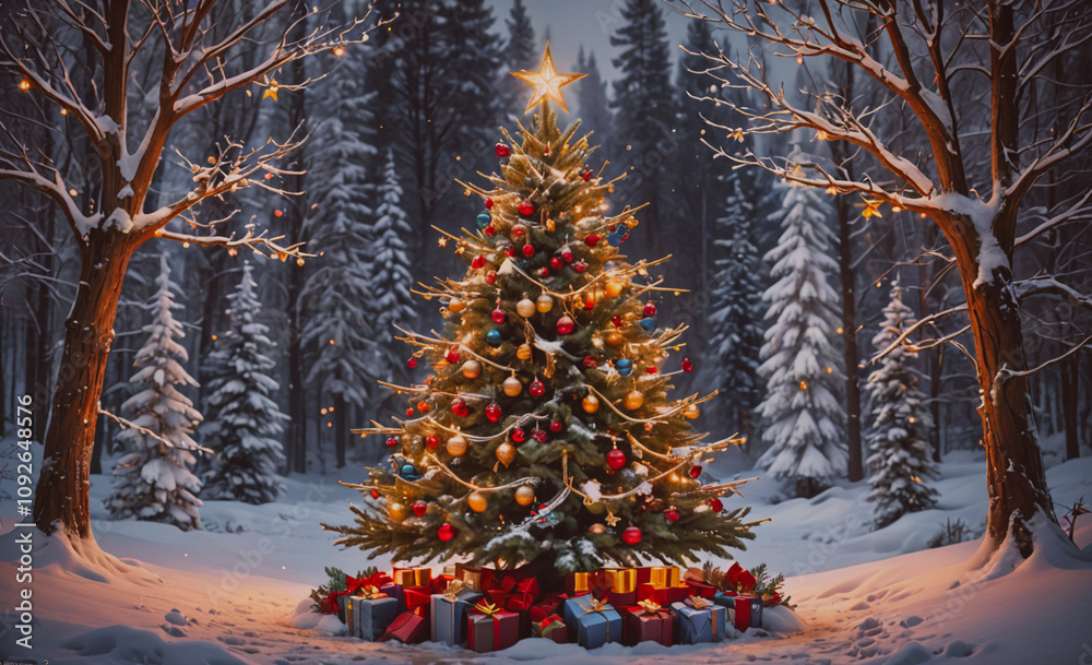 Aufkleber Large Christmas tree with many ornaments and lights. The tree is surrounded by snow and is in a forest