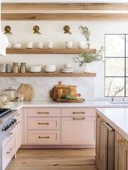 Elegant Pink Kitchen With Wooden Shelves and Accents