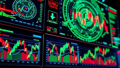 Vibrant, neon-lit screens displaying intricate, high-definition abstract economic charts.