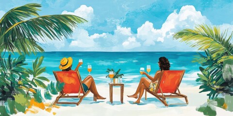 A relaxed beach setup with friends sipping tropical mocktails on lounge chairs, vibrant summer vibe