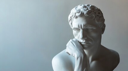 A close-up photo of a white marble bust of a man with curly hair, thoughtfully resting his chin on his hand.