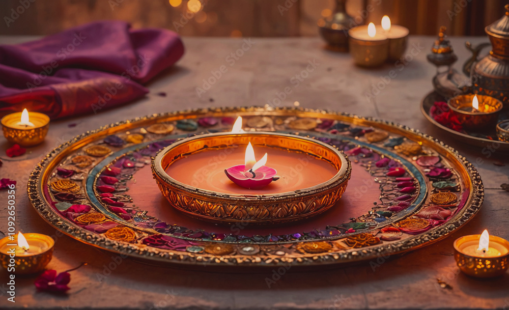 Poster table with a gold tray with a candle in the middle. there are other candles around the tray