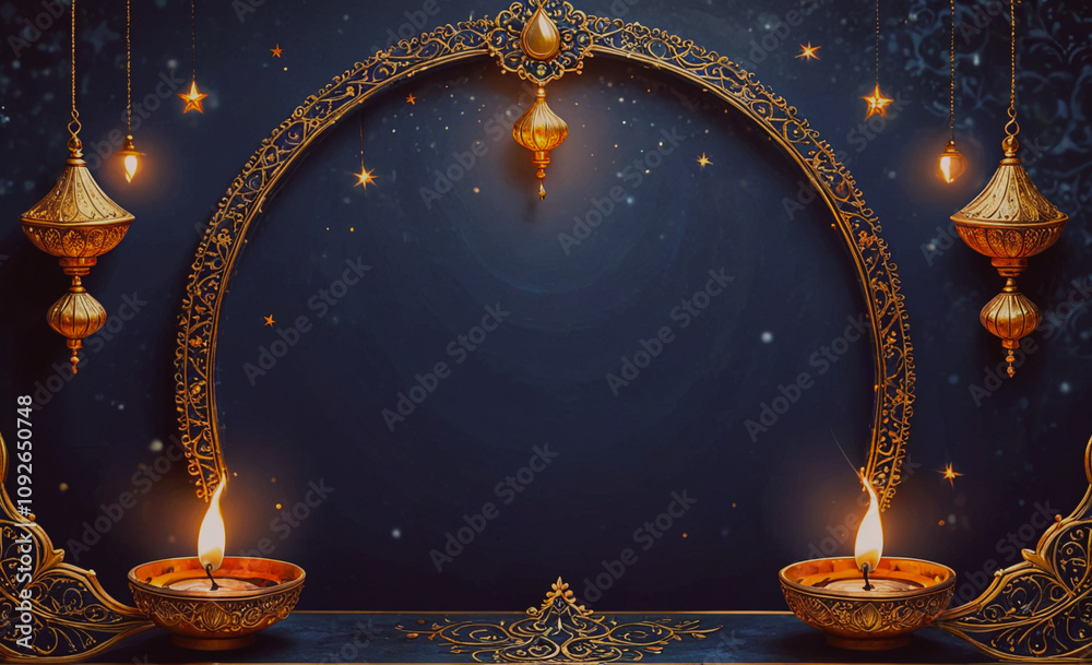 Poster blue background with gold decorations and a large arch. there are two lit candles in the middle of t