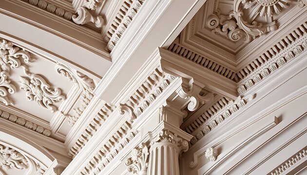 A close-up shot of Baroque ceiling moldings and cornices, focusing on the elaborate carvings and intricate patterns.	