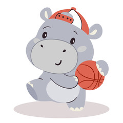 Flat vector illustration in a simple children's style. Cute hippo playing basketball, white background . Vector illustration