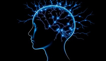 Obraz premium Stylized human head in profile view, with neural pathways glowing in blue and white, branching outward in all directions. 