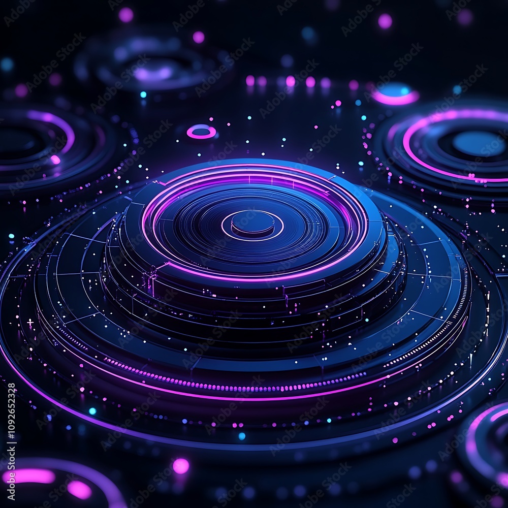 Poster abstract futuristic design featuring circular patterns with neon glow effects and dynamic particles 