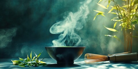 A steaming bowl of matcha tea, surrounded by bamboo whisks and fresh green tea leaves