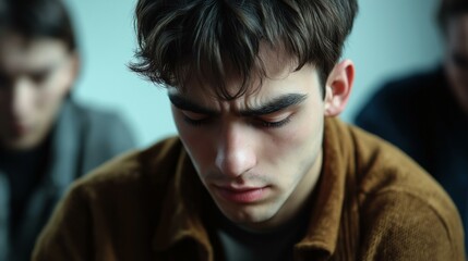 Pensive young man deep in thought, sitting indoors with a contemplative expression.