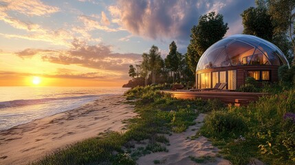 Obraz premium A family house in a protective transparent dome on a beachside with calm waves in the distance, emphasizing safety and serenity.