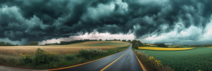 Stormy Road Through Rolling Farmland
