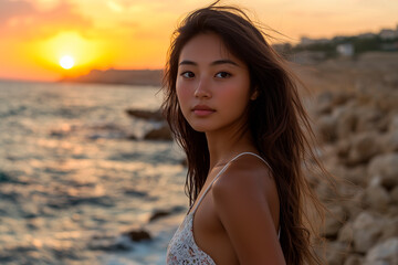 Fototapeta premium young asian woman standing on the shore of the Mediterranean Sea, the sun is setting in the background