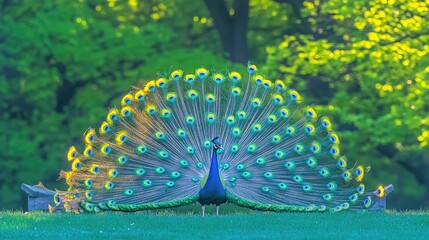 Obraz premium A majestic peacock stands gracefully in a verdant green field, its iridescent tail feathers fanned out in vibrant display.