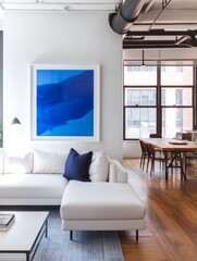 Fototapeta premium Modern Living Room With Blue Abstract Art And White Sofa
