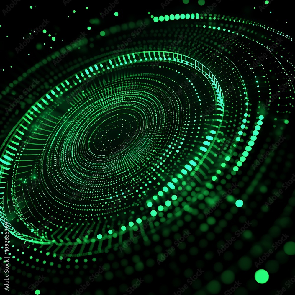 Poster abstract green digital background with circular patterns and dots, creating a high-tech feel suitabl
