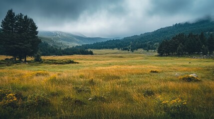 Foggy mountain valley with grassy meadows and forest. Scenic nature and tranquility concept.