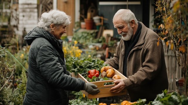 A senior couple happily harvest fresh vegetables from their garden.