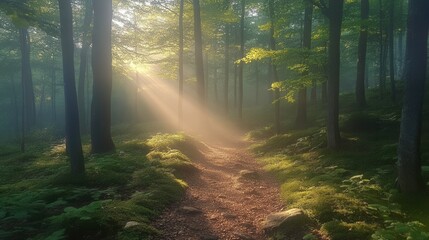 Obraz premium Serene Forest Pathway Illuminated by Soft Sunlight Filtering Through Lush Green Trees and Hazy Mist, Inviting Nature Lovers to Explore Tranquil Wilderness