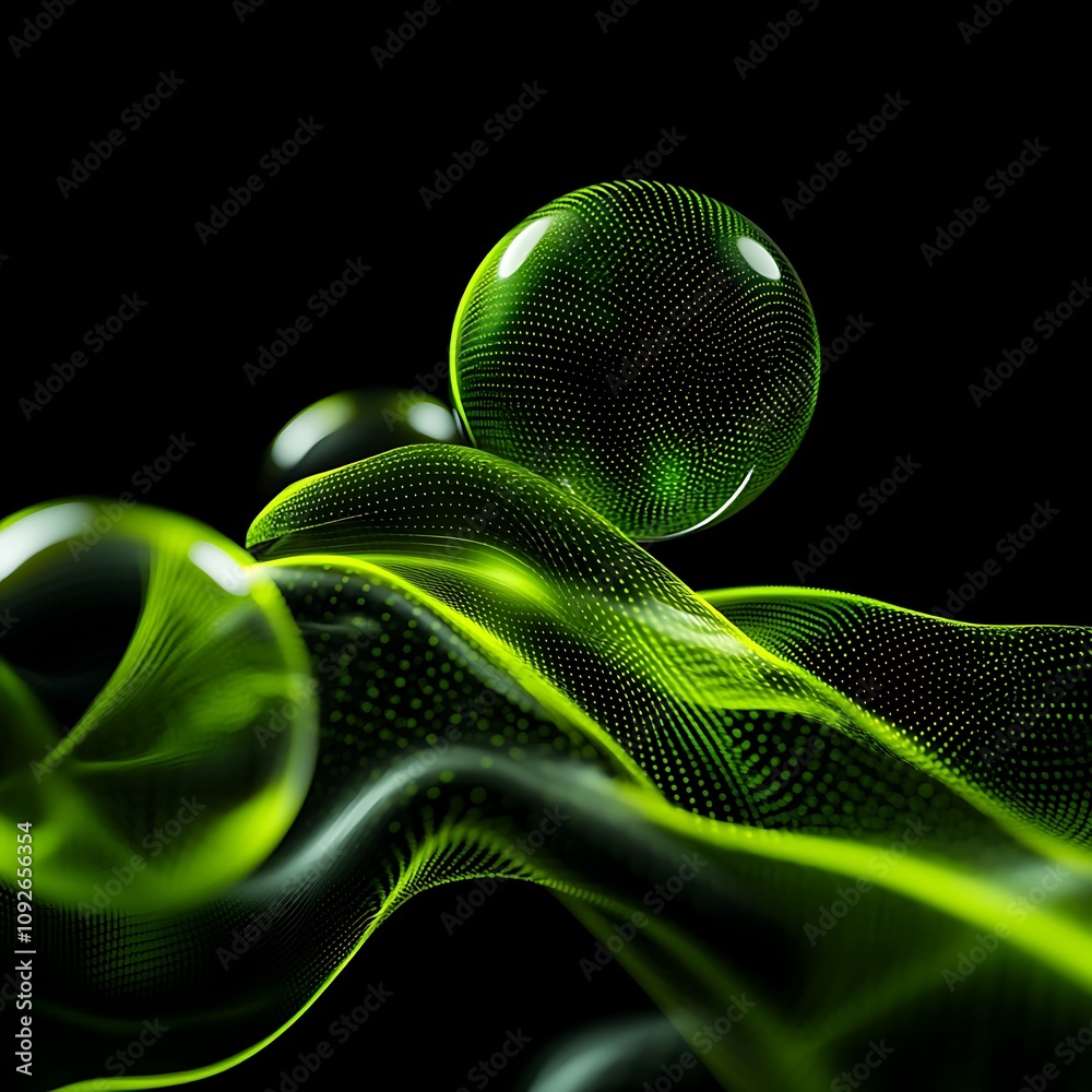 Poster abstract green wave with spheres and dots creating a dynamic flow of light and movement against a da