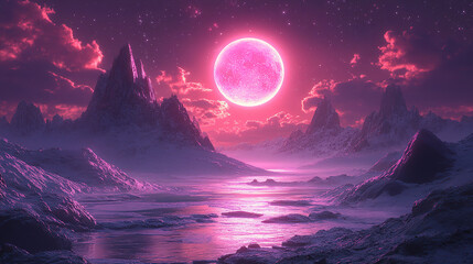Obraz premium Majestic pink moon over a mystical landscape with mountains and shimmering water at twilight. Generative AI