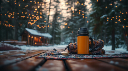 A thermos and coffee setup for a winter picnic in the woods,generative ai