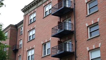 Fototapeta premium The classic brickwork of an older apartment building, with its sturdy, timeless architecture and character. 
