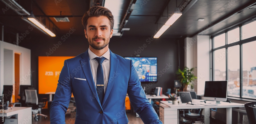 Poster man in a blue suit stands in front of a wall with a sign that says 