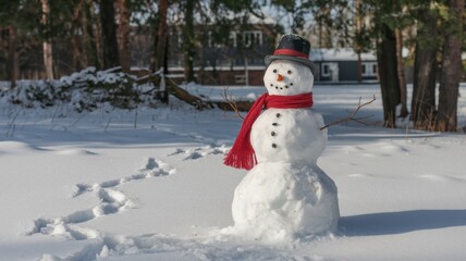 Fototapeta premium Cheerful snowman standing in a snowy field with a forest and mountain range in the background.