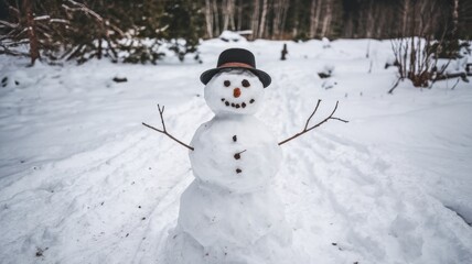 Obraz premium Cheerful snowman standing in a snowy field with a forest and mountain range in the background.
