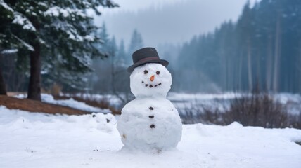 Fototapeta premium Cheerful snowman standing in a snowy field with a forest and mountain range in the background.