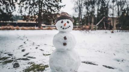 Cheerful snowman standing in a snowy field with a forest and mountain range in the background.