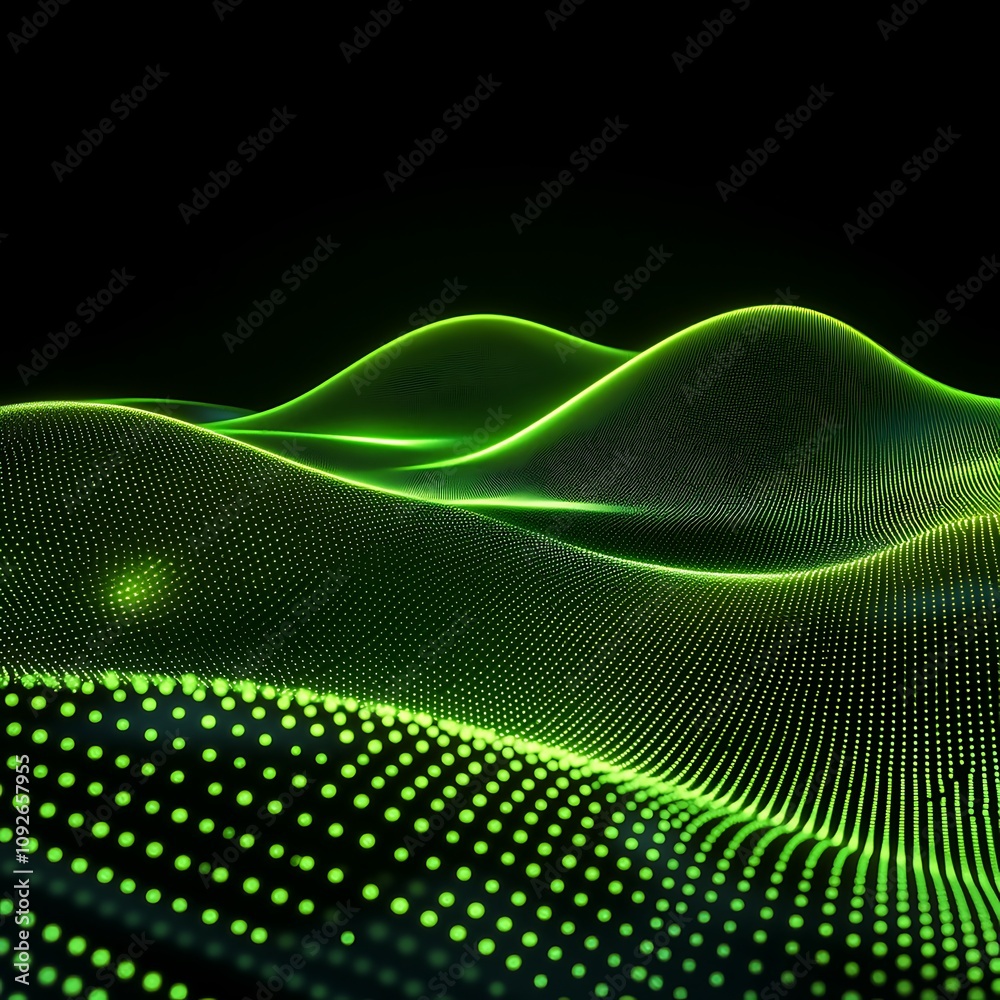 Poster abstract representation of digital wave patterns with vibrant green dots and smooth flowing curves, 