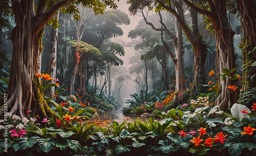 Poster forest with a river running through it. the river is surrounded by a variety of plants and flowers
