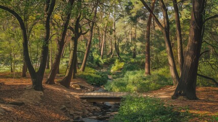 Obraz premium Serene forest path surrounded by lush green trees under soft sunlight. 