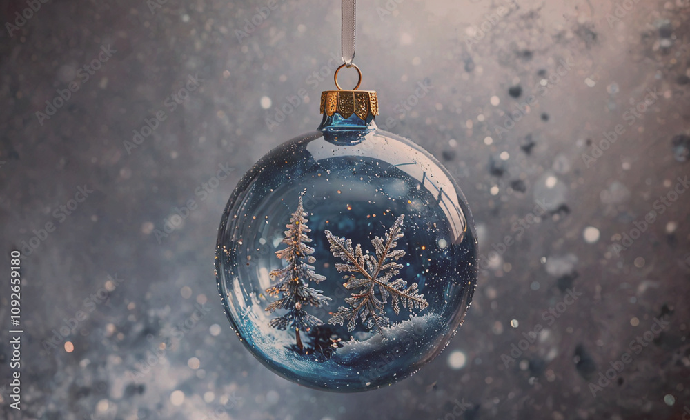Poster blue glass ornament with two snowflakes inside. the ornament is hanging from a string. the backgroun